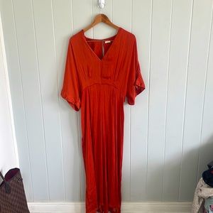 Terracotta colored jumpsuit with belt/ hair ribbon